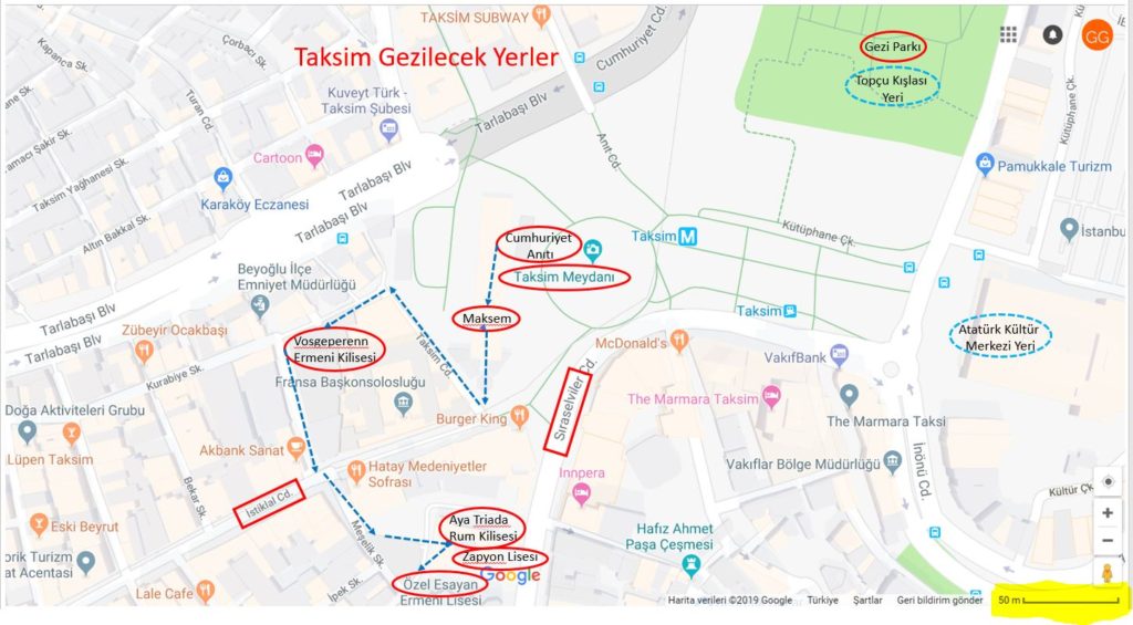 Taksim Gezilecek Yerler Haritası ve Gezi Rotası