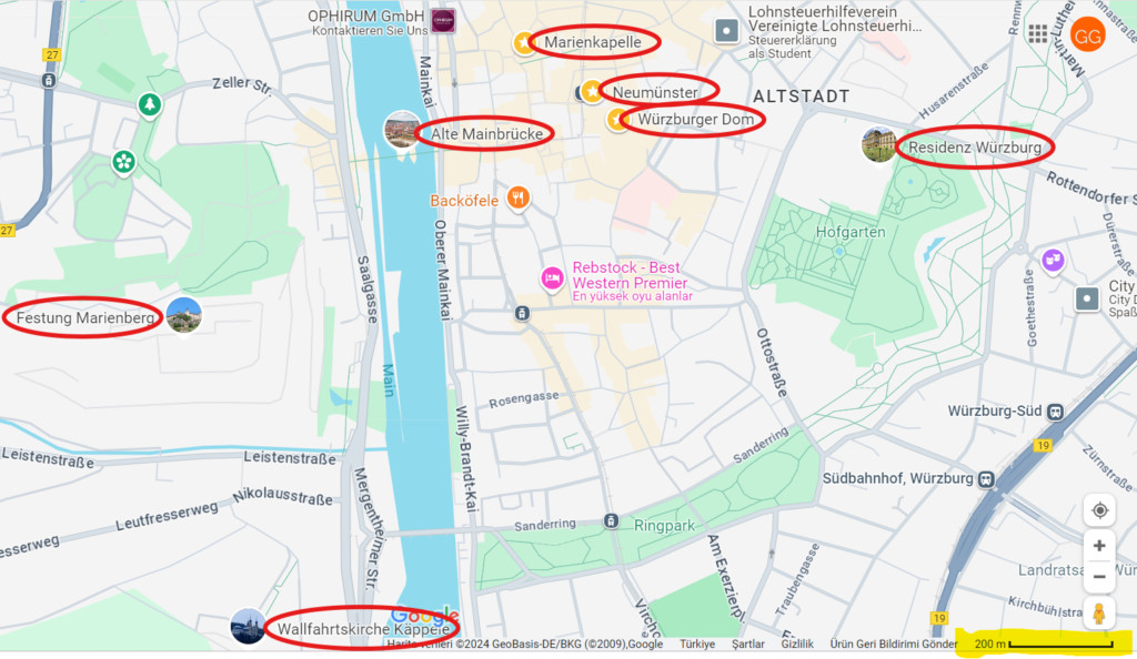 Würzburg Gezilecekcek Yerler Haritası