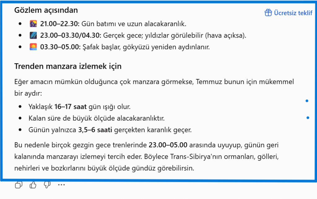 Trans Sibirya Gezi Programı, Aydınlık Durumu Bilgileri